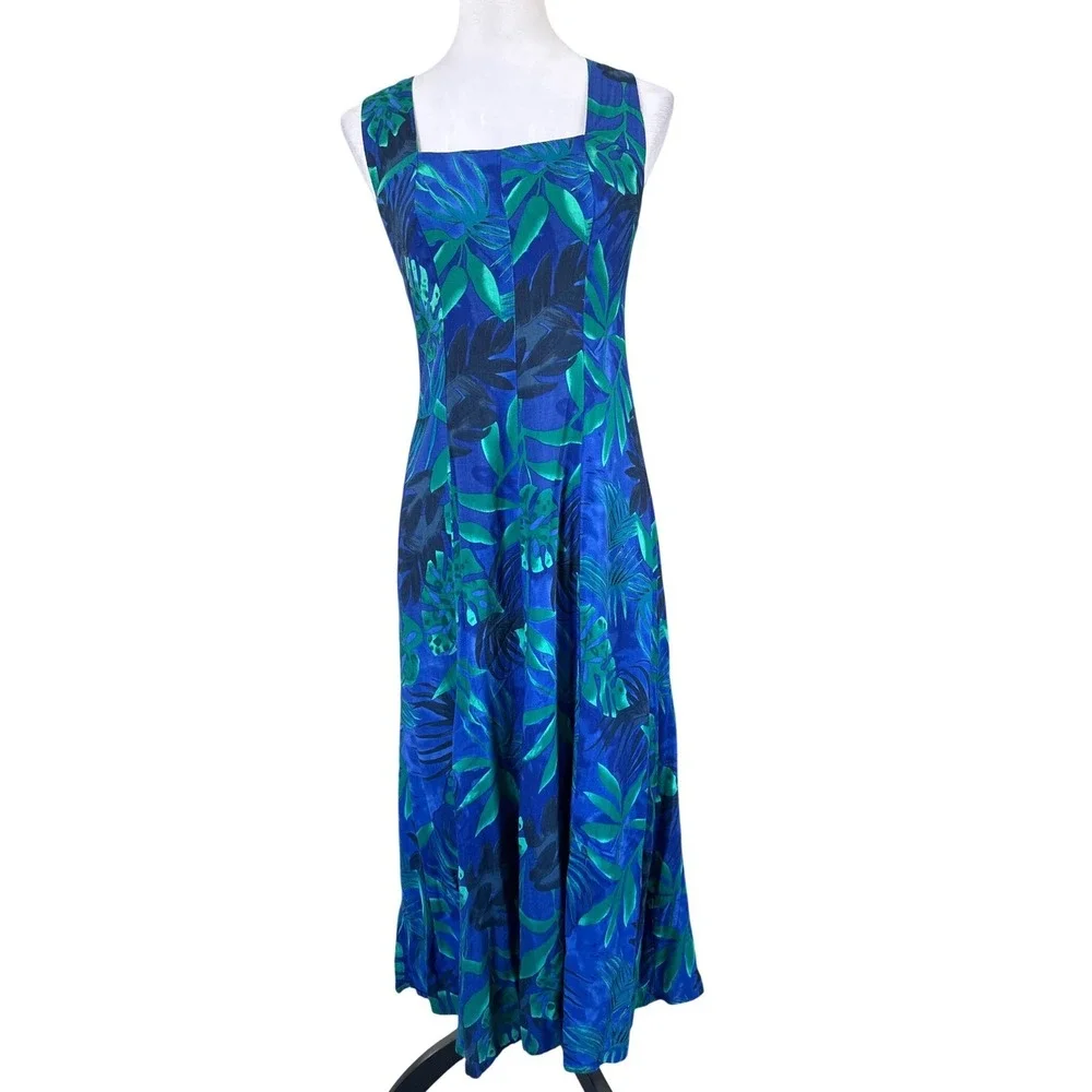 VTG Dress Barn Maxi Dress Women Size 8 Blue Green Tropical Leaf Cross Back Rayon - Picture 1 of 6